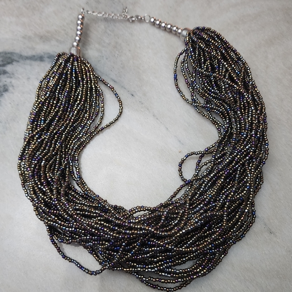 Multi-Strand Iridescent Beaded Statement Necklace